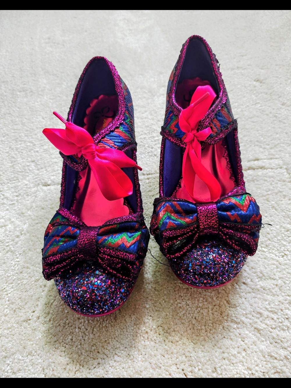 Irregular Choice Pink Multicolor Chevron Glitter Bow Heels